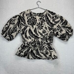 Who What Wear Floral‎ Blouse Puff Sleeve Cinched Waist Top Black Cream S